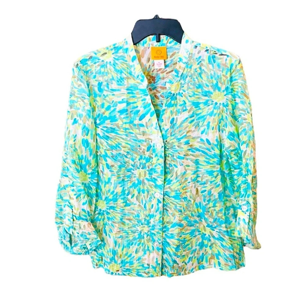 Ruby Rd. women’s long sleeve semi-sheer button top SZ 14 blue green white